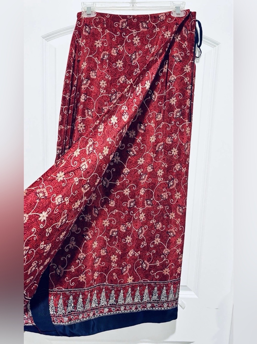 Vintage Y2K Liz Claiborne 100% Silk Asian Inspired Wrap Maxi Skirt Red Navy Sz 8 - Picture 2 of 9